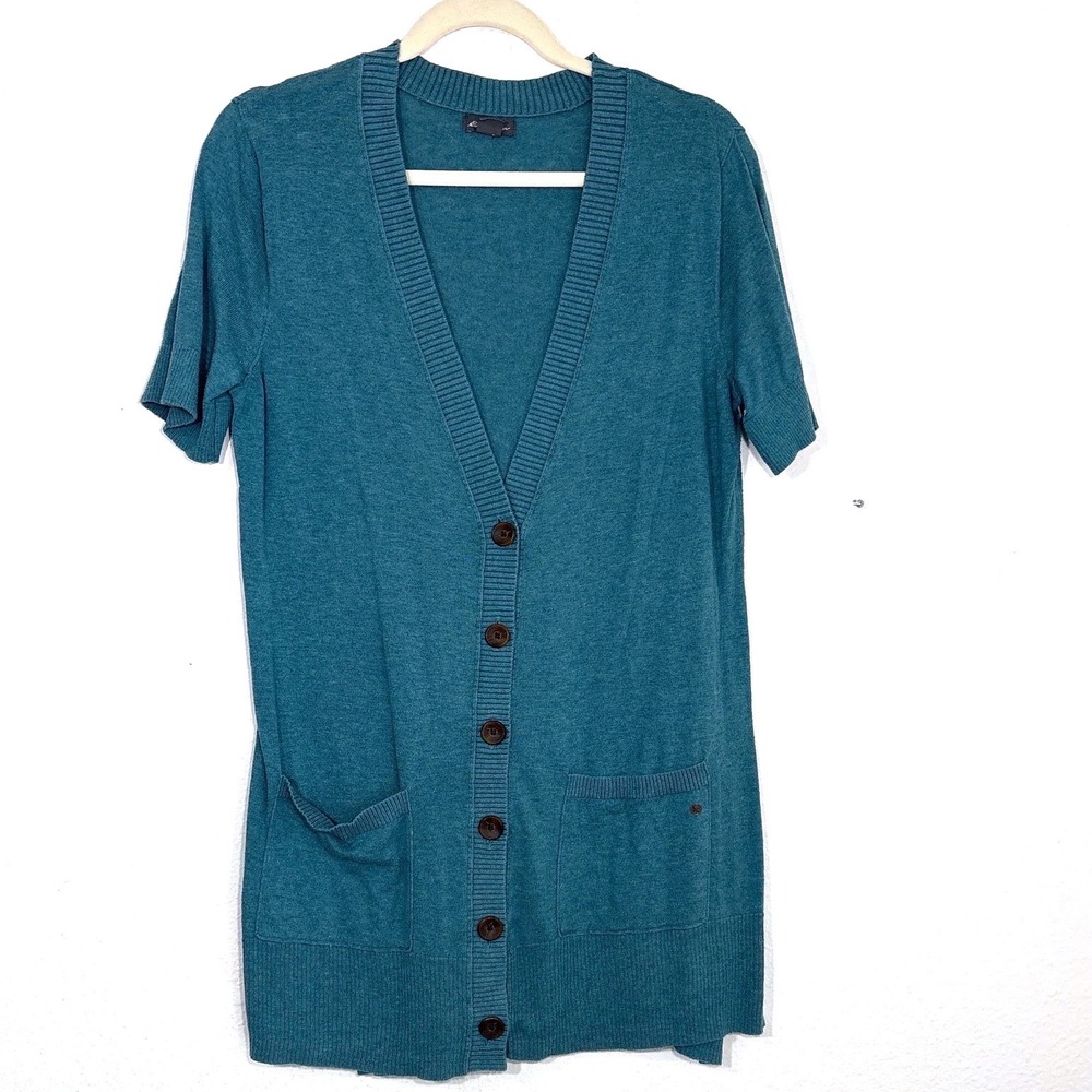 Eddie Bauer M Short Sleeve Cardigan Sweater Teal Blue Button Pockets Bella Swan - Picture 11 of 13